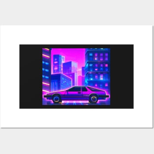 Neon car in Cyberpunk city Posters and Art